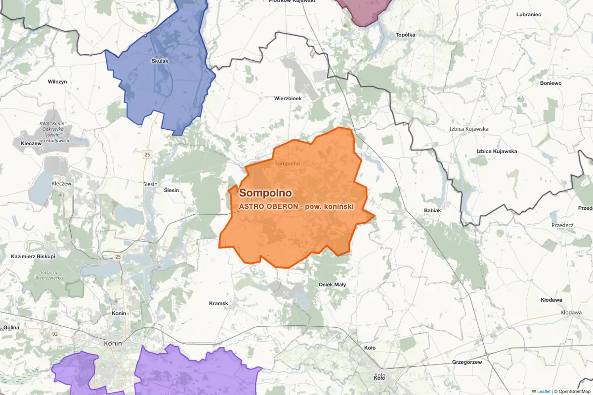 Gmina Sompolno (powiat koniński, woj. wielkopolskie) na mapie spółdzielni energetycznych - spółdzielnia ASTRO OBERON