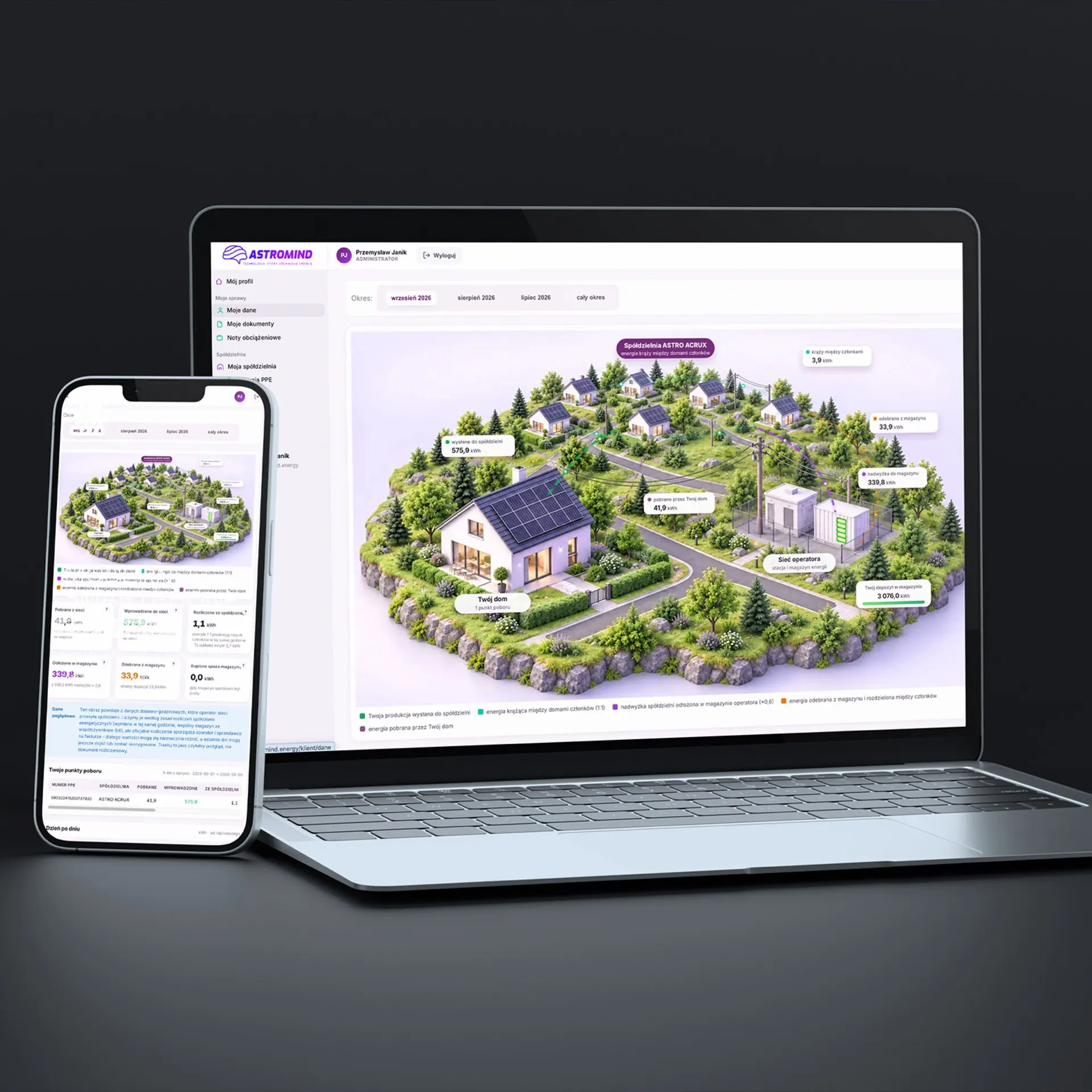 AstroMIND 2.0 - aplikacja do zarządzania spółdzielnią energetyczną na laptopie i telefonie